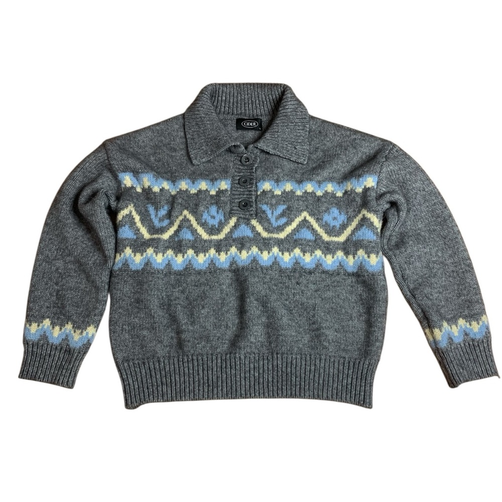 Cider Grey Fair Isle Button Polo Sweater - Size Large
